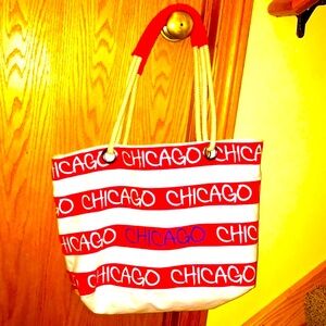 Chicago pink white navy striped canvas zip top tote beach bag rope handle EUC